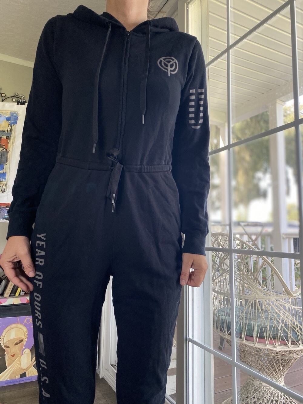 Year of Ours Black Hooded Training Long Sleeve Jumpsuit S Turtleneck